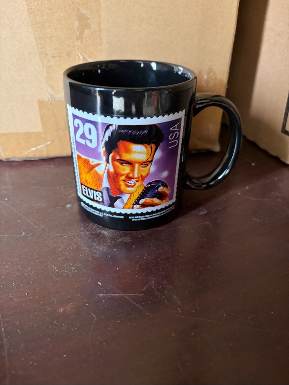 Elvis Stamp Black Ceramic Coffee Mug - Purple Accent